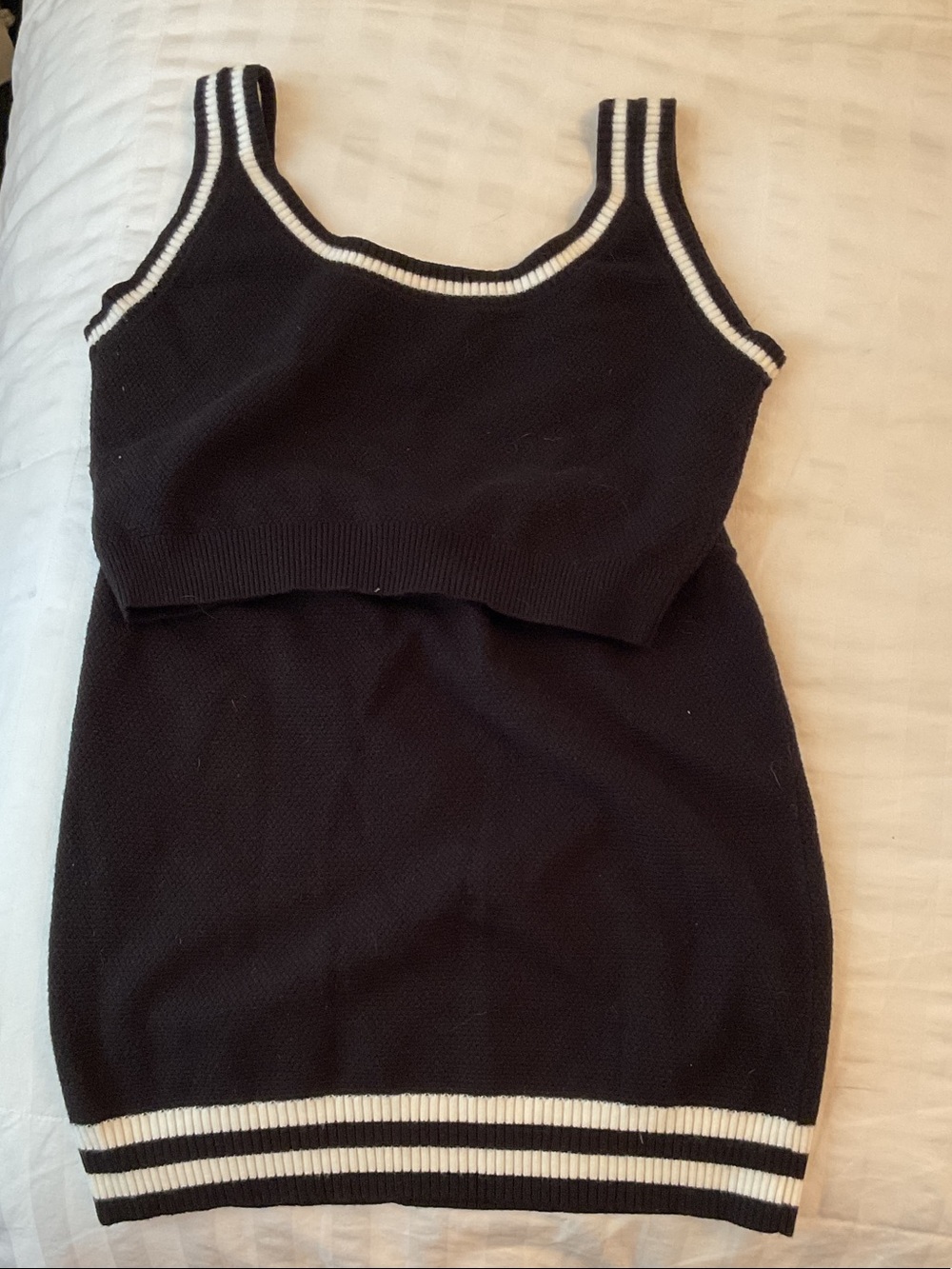 Black Knit Two-Piece Tank & Skirt Set with White Stripe Trim